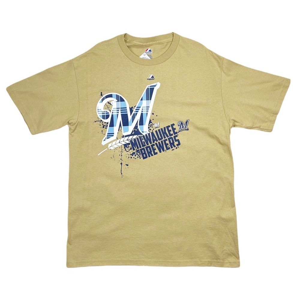 Majestic Men's MLB Milwaukee Brewers Baseball‎ Tan Logo T-Shirt Size Large